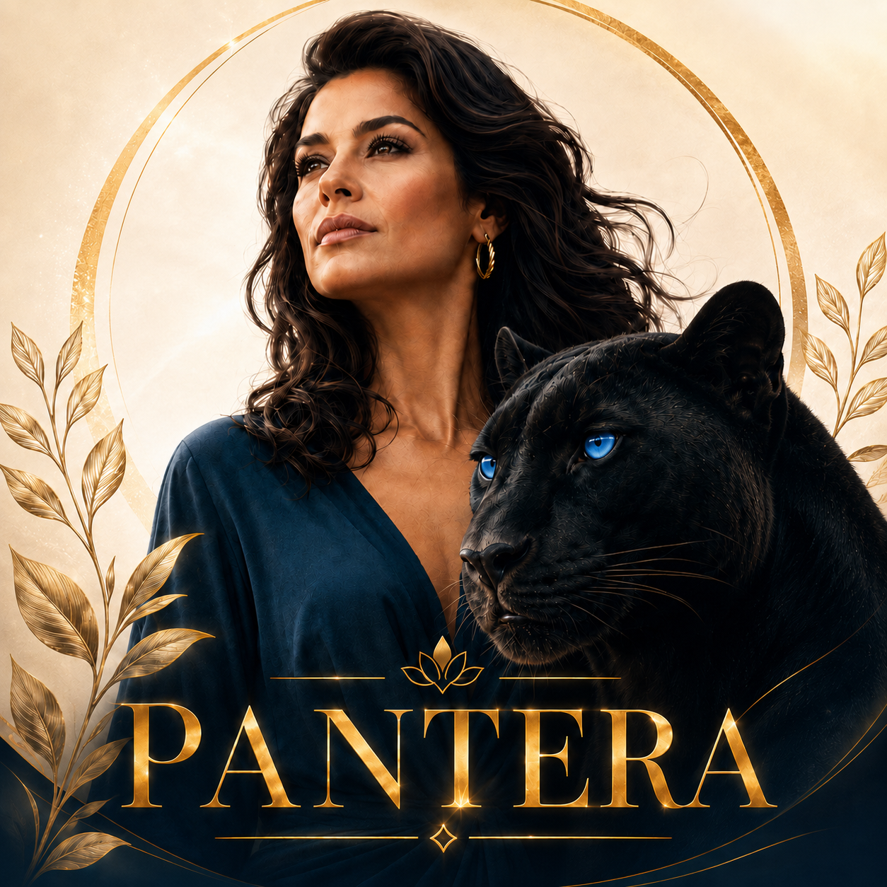 PANTERA — mulher em vestido azul ao lado de uma pantera negra